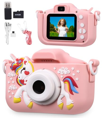 Kinderkamera,Kinder Kamera 1080P Bildschirm Kamera mit 64GB-Karte Selfie Digitalkamera Kinder Fotoapparat für 3-12 Jungen Mädchen Geburtstagsgeschenk Weihnachten Spielzeug