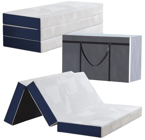Hiimgo Faltmatratze 75 x 195 x 15 cm, 4-teilig Klappbar - Faltbare Klappmatratze mit abnehmbarem Bezug, Gästematratze für Reisen Camping Gästebett (Weiß & Blau)