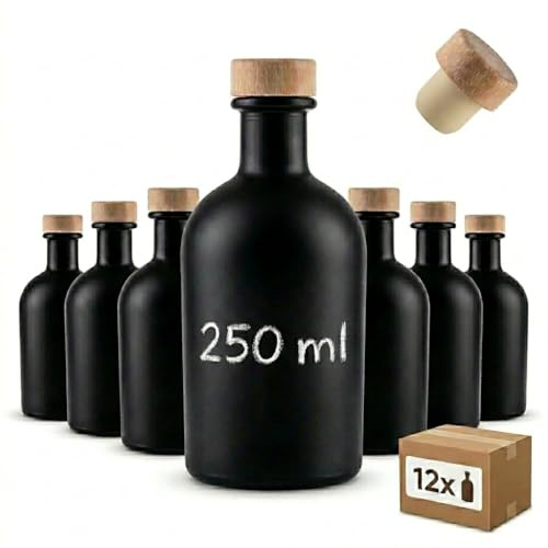 gouveo 12er Set Glasflasche 250 ml (0,25 l) Glasflasche 250 ml Apotheker rund mit Korken, schwarze runde Enghalsflaschen zum Befüllen, Aufbewahren & Dekorieren, beschriftbar (AFR250SHGK)