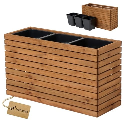 HOMERZO Pflanzkübel Holz – imprägniert wetterfest – mit herausnehmbarem Kunststoffeinsatz – Hochbeet Blumenkasten für Balkon Garten Terrasse (Horizontal-braun 98x36 H55 cm)