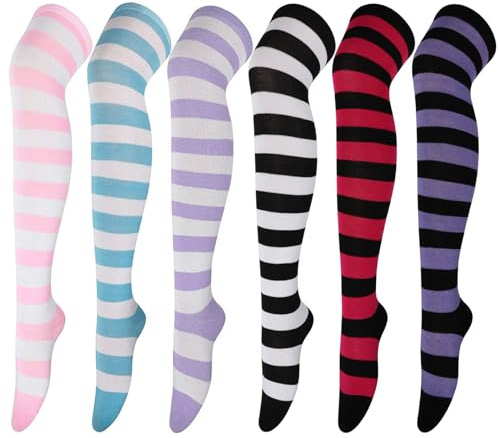 DRESHOW 6 Paar Kniestrümpfe Overknee Strümpfe Lange Gestreifte Socken Beinwärmer Schenkel Socken für Damen und Mädchen