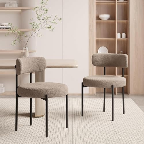 Hawthyhome Esszimmerstühle 2er Set Teddy Stoff Gepolstert Stuhl Grau-Braun | Runde Boucle Esszimmerstuhl,Mid-Century Stühle Esszimmer mit Metallbeinen und Rückenlehne für Esszimmer,Wohnzimmer, Büro