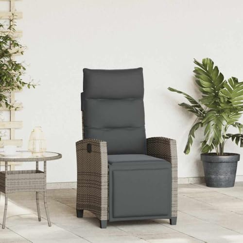 Qnhdfrt Garten-Relaxsessel grau Poly Rattan verstellbare Rückenlehne mit Fußstütze Faltbarer Beistelltisch UV-beständig für Balkon Terrasse Camping