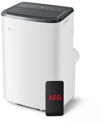 AEG Comfort 6000 AXP26U339CW mobiles Klimagerät / LED Display / Touch-Bedienung / 30-40 m² / nur 64 dB(A) / Kühlfunktion / Ventilator / Entfeuchtungsfunktion / Automatik /App-Steuerung / weiß/schwarz