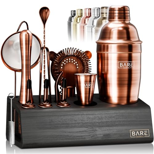 Bare Mixology Barkeeper-Set, Bar-Set, 14-teiliges Martini-Cocktail-Shaker-Set, professionelle Barzubehör-Mischwerkzeuge für die Hausbar, Bambusständer und Rezeptkarten-Set (Kupfer)