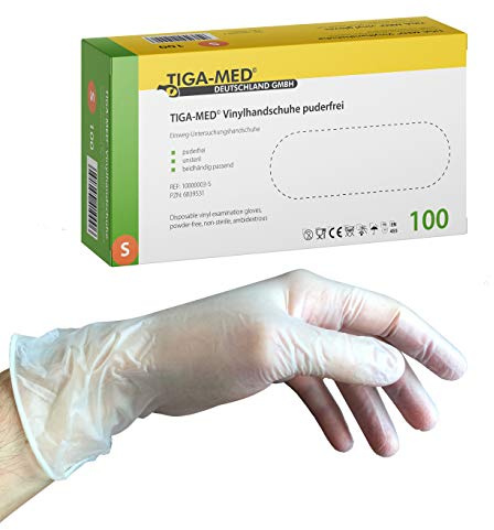 Tiga-Med Vinylhandschuhe, 100 Stück – Transparente Einmalhandschuhe, puderfrei und ohne Naturkautschuklatex – AQL 1,5, Größen S bis XL (S)