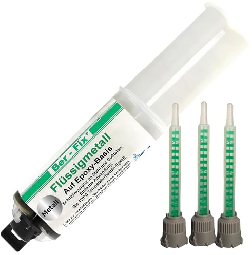 Ber-Fix 2K Flüssigmetall 25g + 3 Spitzen, hitzebeständig bis 120°C, Metallkleber & Metallspachtel, ideal für Metallreparaturen, schnelle Aushärtung, starke Haftung