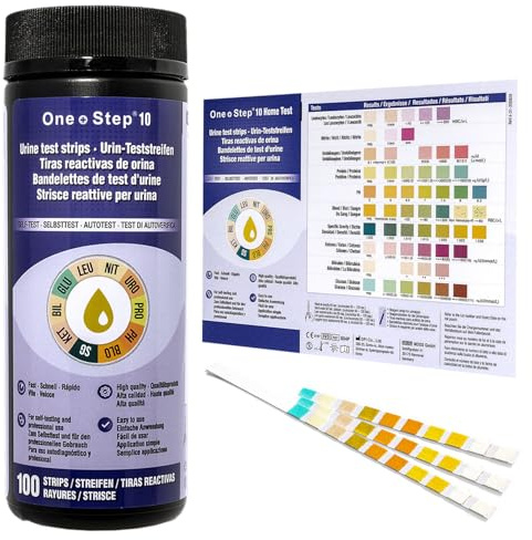 100 x One Step Urin Teststreifen für 10 Parameter I Mit Farbkarte für genaues hygienisches Ablesen I Keton, Glukose, Bilirubin, spez. Dichte, Blut, pH, Protein, Urobilinogen, Nitrit, Leukozyten