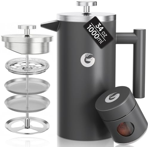 Coffee Gator French Press Kaffeemaschine 1 Liter plus Travel Jar Kanister, Doppelwandig Isoliert Edelstahl Kaffeebereiter, Tragbare Heiße Kalte Brühe Teekanne für Haus Büro Küche Camping Outdoor