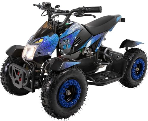 Actionbikes Motors Kinder Quad Elektro ATV Cobra (Schwarz/Blau) | 𝟑𝟔 Volt 𝟖𝟎𝟎 Watt Motor bis 𝟐𝟒 km/h | Kinderquad | Pocket Quad | Safety Touch Fußschalter | Für Kinder ab 8 Jahren