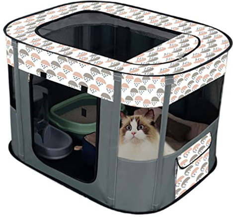 Floving Tragbare Hundehütte Haustierzaun Faltbarer Haustier Laufstall Rechteckig Kreißsaal Katzenbett Katzenhöhle Katzenhütte Welpenhaus Zwinger Geschlossenes Haustierzelt (L/90 * 70cm, Grau)