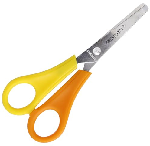 Westcott Kinderschere Gelb Linkshänder | Schere mit integrierter 5 cm Skala | Bastelschere 13 cm (5") ideal für Kinderhände | Sicherheit durch abgerundete Spitze | E-21593 00