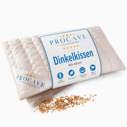 PROCAVE Dinkelkissen | atmungsaktives Kissen mit Dinkel-Spelz | Körner-Kopf-Kissen mit waschbarem Bezug aus Baumwolle | Made in Germany | 40x60 cm