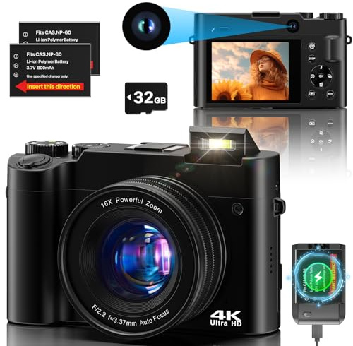 Digitalkamera 4K，64 MP Fotokamera Dual Kamera Anti-Shake Vlogging Fotokamera mit 32GB Speicherkarte, 16X Digitalzoom, 2 Akkus& Ladegerät，und Einsteiger Kompaktkamera für Jugendliche