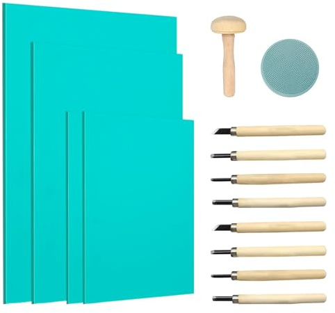 JNTMIKUN 14 Stück Linoldruck Set - Linolschnitt Set, Handgrabierbrett Gummistempel Schnitzblöcke Weichgummi Linoldruck Platte Sicherheit Präzises Drucken DIY für Stempelschnitzerei und Druckgrafik