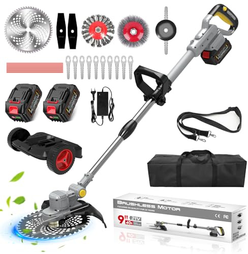 Akku Rasentrimmer für Makita Akkus, Freischneider Akku, Freischneider mit unkrautbürste, Höhenverstellbar (Enthalten:750W Bürstenloser Motor,2X4.0Ah Akku,6 Klingentypen,Rucksack)
