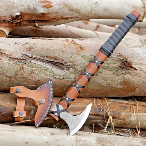 TATLA CRAFT Wikinger Axt Ragnar – Handgeschmiedete Bartaxt aus Carbonstahl mit Rosenholzgriff & Lederscheide - Camping Beil, Outdoor Axt & Sammlerstück, Geschenk für Männer, with Leather Sheath