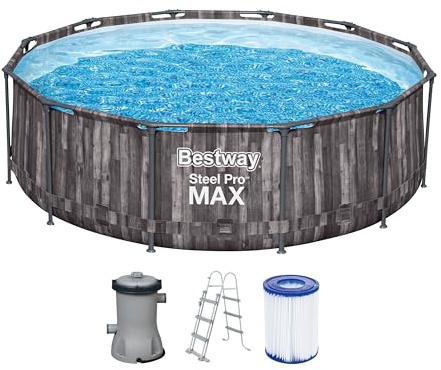 Bestway Steel Pro MAX Frame Pool-Set mit Filterpumpe Ø 366 x 100 cm, Holz-Optik (Mooreiche), rund