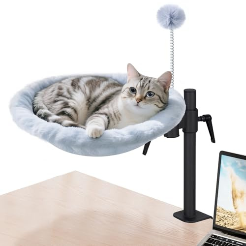 Odoland Katzenbett für Schreibtisch - 360° drehbar & höhenverstellbar, weiches Katzenhängematte mit 2 waschbaren Bezügen Katzenschlafplatz für Homeoffice - Ganzjahresnutzung (Grau)