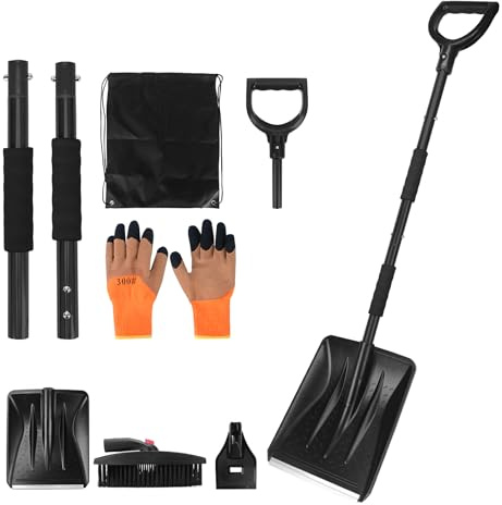 COVVY 3-in-1 Schneeschaufel-Set, einziehbare Schneeschaufel mit Eiskratzer und Schneebesen für EIS, Schnee, Auto, Auffahrt, Körnung Mit Aufbewahrungstasche und Handschuhen(schwarz)