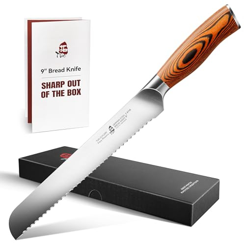 TUO Brotmesser mit Wellenschliff Klingenlänge 23cm, Scharfes Brotschneidemesser aus Deutschem Edelstahl, Küchenmesser mit Ergonomischer Pakkaholz-Griff, Fiery Phoenix Series