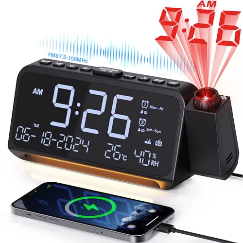 Mesqool Radiowecker mit 320° Projektor, Digitaluhr für Schlafzimmer, USB/Type-C-Anschluss, Doppelalarm mit Wochenend/Wochentagsmodus, Snooze, Dimmer, Batterie-Backup, Projektionswecker, Nachtlicht