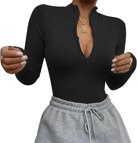 Risipu Bodys Für Damen,Sexy Body Damen Langarm,Body Damen Langarm Elegant Bodysuit mit Reißverschluss Stretch & Druckknopf Schwarz,Long Sleeve Oberteil Sexy & Bequem für jede Gelegenheit