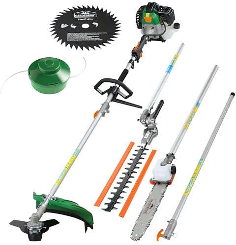 GARDEBRUK® Benzin Motorsense Freischneider 5 in 1 Heckenschere Rasentrimmer Hochentaster 2 PS Tragegurt verstellbar 1m Verlängerung