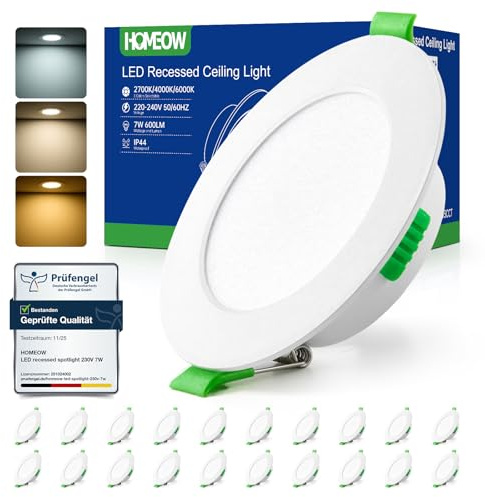 HOMEOW 20er Set LED Einbaustrahler 230V 7W, 75mm – 90mm Lochmaß LED Spots | Deckenspots Warmweiß Neutralweiß Kaltweiß, Einbauleuchten Einbauspots Spotlight Ultra Flach IP44 für Badezimmer