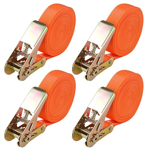 4 Stück Spanngurte mit Ratsche, Orange Zurrgurt 6mx25mm mit 1000kg Tragkraft Verstellbarer Spanngurt 6m, Zurrgurte mit Ratsche Ladungen einfach sichern, Spanngurte 6m nach DIN EN 12195-2