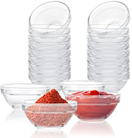YAYODS 20 Stück kleine Glasschälchen 75 ml Ø 7,5 cm für Marmelade und Dips | 20 Glasschälchen aus Glas 75 ml, Glasschalen Ø 7,5 cm; stapelbar als Marmeladenschälchen & Dipschalen für Saucen, Senf, Pesto