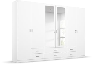 Rauch Möbel Gamma, Kleiderschrank, Farbe Weiß, Breite 271 cm | Schrank, Mehrzweckschrank, 6-türig, Spiegel, 6 Schubladen, für Schlafzimmer, Gästezimmer, Kinderzimmer, Garderobe, Flur