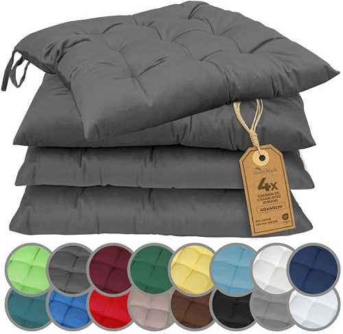 NatureMark 4er Set Stuhlkissen mit Bändern 40x40 cm – Gefüllte Sitzkissen, Outdoor & Indoor – Anthrazit Grau