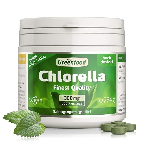 Chlorella Tabletten, hochdosiert, 300mg - 800 Presslinge, vegan. Luftgetrocknet - reich an Chlorophyll, Vitaminen & Mineralstoffen. OHNE künstliche Zusätze - laborgeprüft. Von Greenfood.