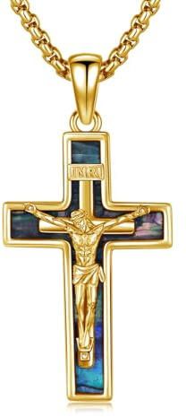 OHAYOO Kreuz Kette für Herren - Kruzifix Kreuzanhänger mit Abalone/Türkis/Malachit/Lapislazuli & Edelstahlkette - Christliche Silber Kette für Männer