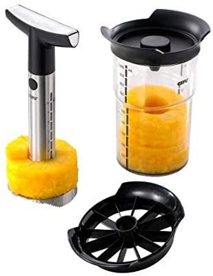 GEFU Ananasschneider Professional Plus - Messer und Schäler Set für Ananas - Edelstahl Schneider mit Behälter, Silber/Schwarz