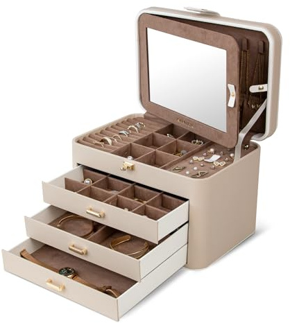 KAMIER Schmuckkästchen Groß, Schmuckschatulle mit 4 Ebenen, PU Leder Schmuckbox mit Spiegel und Schloss, Schmuckaufbewahrung 3 Schubladen, für Damen, Ringe, Ohrringe, Halsketten, Armbänder, Beige