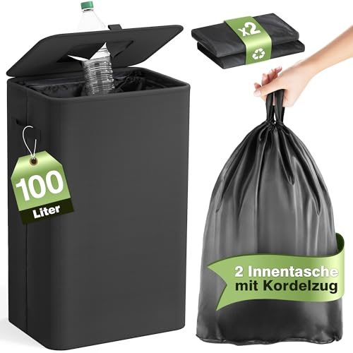 Bathola Pfandflaschen Sammelbehälter mit Deckel 100L, Schwarz | Faltbarer Leergutsammler mit 2 Herausnehmbaren Tragetaschen, Einwurfdeckel für PET-, Glasflaschen & Dosen