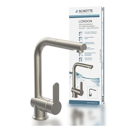 SCHÜTTE LONDON Küchenarmatur mit ausziehbarer Geschirrbrause, 360 Grad schwenkbarer Wasserhahn für die Küche, Mischbatterie mit Einhebelmischer, Spültischarmatur Edelstahloptik, Edelstahl, 29,8 cm