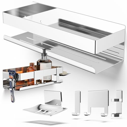 HENAL Duschablage Set 5 in 1, Hochglanz Edelstahl-Duschablage ohne Bohren, Duschregal inklusive Rasiererhalter, Duschabzieher-Halter, Seifenschale & Haken, XXL Bathroom Organizer