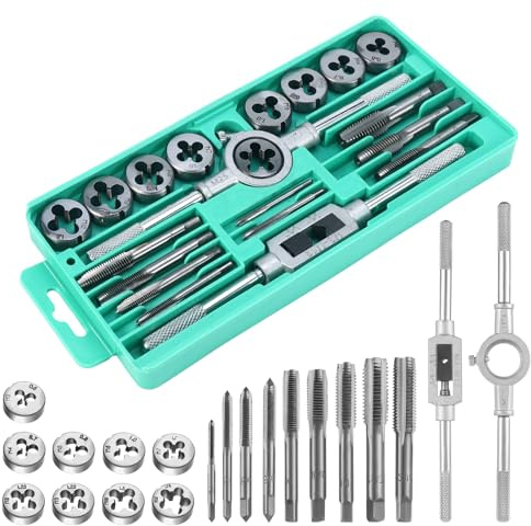 Gueenky 20 tlg. Gewindeschneider Set, M3-M12 Gewindeschneidsatz Metrisch Gewindebohrer Schneideisen Set Schneideisenhalter Windeisen Gewindeschneider Handgewindebohrer Set