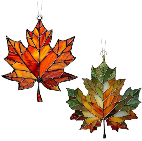 2 Stück Ahornblatt Ornament Aus Gebeiztem, Anhänger Blatt, Acryl Zum Aufhängen Am Fenster, Herbstdeko Wanddekoration Herbstblätter, Herbsts Deko Anhänger, Ahornblätter Feiertags Ornamente