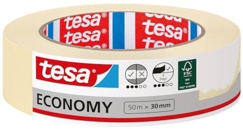 tesa Malerband ECONOMY - Vielseitiges Klebeband für Malerarbeiten ohne Lösungsmittel - Bis zu 4 Tage nach Gebrauch rückstandslos entfernbar, 50 m x 30 mm