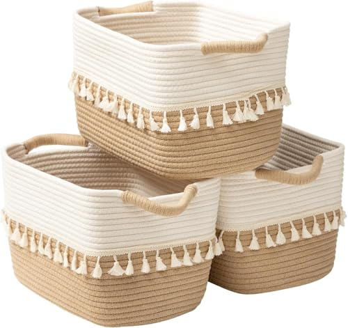 TeoKJ Gewebter Aufbewahrungskorb, 3er-Set, Baumwollseilkorb zur Aufbewahrung, Kleideraufbewahrungskorb zum Organisieren und Aufbewahren, 38,1 x 25,4 x 22,9 cm, Stoff-Aufbewahrungskorb für Bücher