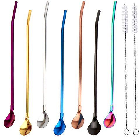 Straws Spoon Reusable Stainless Steel Drinking Straws Spoon 2 in 1 Metal Spoon Straws Suitable for Smoothies Milkshakes Cocktail Coffee with 2 Cleaning Brushes Pack of 7