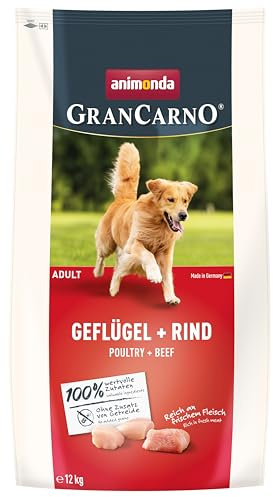 animonda GranCarno Adult Hundetrockenfutter Geflügel + Rind (1 x 12 kg) | Hochwertiges Trockenfutter für erwachsene Hunde ohne Gluten und Weizen – Hundefutter trocken mit hoher Bekömmlichkeit
