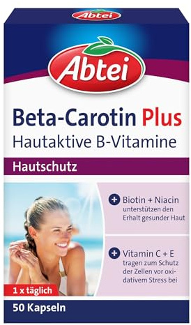 Abtei Beta-Carotin Plus - Nährstoffkombination aus hautaktiven B-Vitaminen, Vitamin C und Vitamin E - für gesunde & schöne Haut und Hautschutz - glutenfrei, laktosefrei - 50 Kapseln