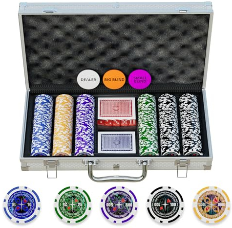 Homwom Poker-Set 300-teilig: Laserpokerchips in verschiedenen Werten und Farben, Komplettset mit 12g Zahlenchips und Aluminiumkoffer