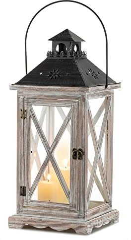 Sziqiqi Holzlaterne Vintage Groß für Draußen, 48cm, Antikweiß | Laterne Holz im Shabby Chic Stil, Stehende Kerzen-Windlichter für Garten, Terrasse, Balkon, Eingangsbereich