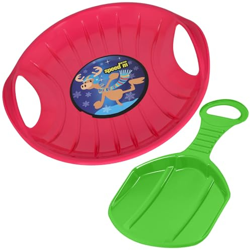 KOTARBAU® 2er Set Popo - Rutscher Kinder - Schlitten – Kunststoff Rutschteller - ø 60 cm – Rodelbahn – Schlitten zum Rodeln im Schnee – 34x53 cm - Rosa & Grün